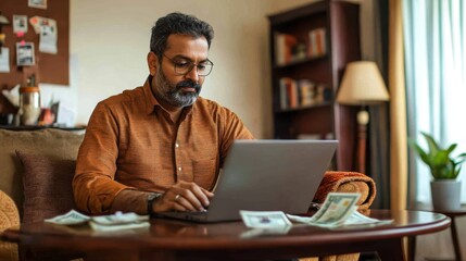A middle-aged Indian man holding cash and working on his laptop, surrounded by