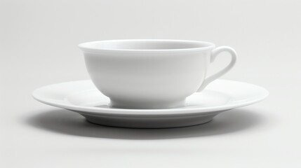 A white coffee cup and saucer on a white background.