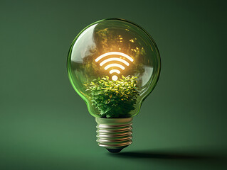  a bright green light bulb containing a light bulb with a glowing green plant leaf and a white wifi signal emanating from its center.