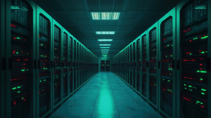 Fototapeta premium Futuristic data center with rows of servers, glowing lights, and a spacious corridor.