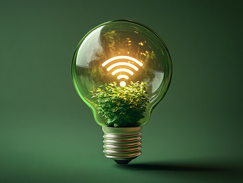  a bright green light bulb containing a light bulb with a glowing green plant leaf and a white wifi signal emanating from its center.