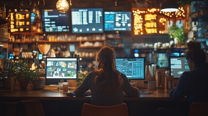 Fototapeta premium Team using shared screens in cafe for collaborative project, high quality, symbolic, DSLR, 16:9