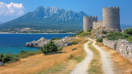 Fototapeta premium Ancient Stone Towers and Winding Path Leading to Mountainous Landscape