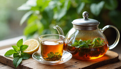 Warm mint tea in a glass cup served with lemon on a wooden table against a green backdrop