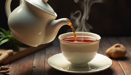Obraz premium Steaming black tea being poured from an elegant teapot into a cup on a rustic wooden table