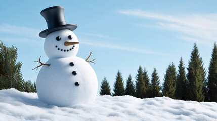 Obraz premium cheerful snowman stands in snowy landscape, wearing classic top hat and carrot nose, surrounded by evergreen trees under clear blue sky