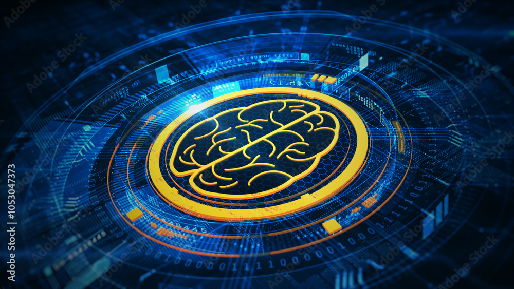 Poster digital brain within a futuristic interface symbolizes artificial intelligence, neural networks, and