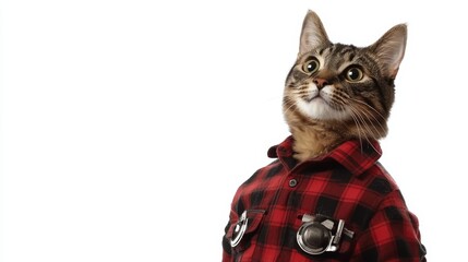 Cute Cat Wearing Red Plaid Shirt Looking Up