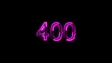 Abstract neon countdown 400 number neon glowing magenta color 4k illustration. Black background 4k illustration.