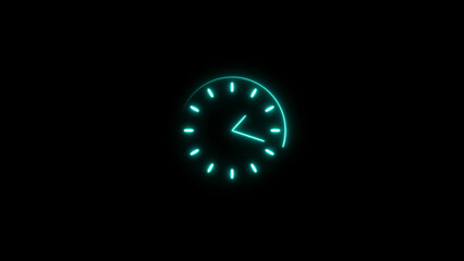 Clock icon neon glowing cyan color 4k illustration. Analog and digital clock black background 4k illustration.