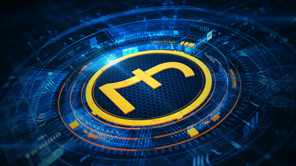 Pound symbol set within a futuristic blue digital interface, representing digital currency, fintech, and financial innovation in UK economy. Business and financial investment concept. 3D Rendering