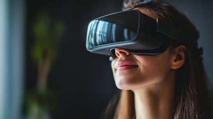 Fototapeta premium Developer using AR headset for interface design, augmented reality, high quality, symbolic, close-up, 16:9
