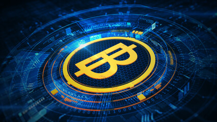 Thai baht symbol in futuristic blue digital interface, symbolizing digital currency, fintech, and financial innovation in Thailand's economy. Business and financial investment concept. 3D Rendering