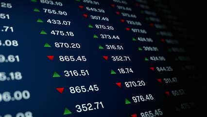 Close-up of a digital stock market ticker showing fluctuating prices with red and green arrows,...