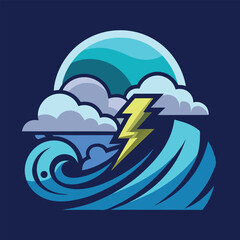 A stylized illustration of a lightning bolt striking a large wave in the ocean, surrounded by clouds.