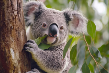 Obraz premium Koala sitting by a tree trunk and holding and chewing on eucalyptus leaves, one of which is sticking out of its mouth