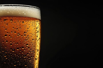 Cold craft beer in glass with water drops on black background.