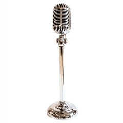 Fototapeta premium Classic vintage microphone standing on a shiny base, perfect for music enthusiasts and retro decor.