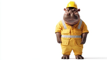 Funny Hippopotamus Construction Worker Wearing Yellow Hard Hat