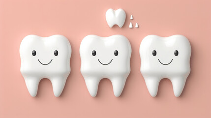 Obraz premium Cute smiling teeth characters on soft pink background, showcasing dental health and hygiene. These playful teeth emphasize importance of oral care and can appeal to children