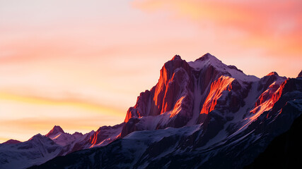 Towering mountains with snowy peaks bathed in the warm light of sunrise, casting long shadows and illuminating the sky with hues of pink, orange, and gold.