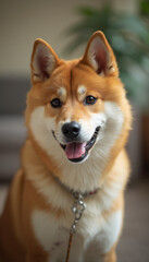 Fototapeta premium Shiba Inu Dog Sitting Indoors with Happy Expression, Friendly and Cute