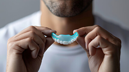 close up of mouthguard being held by person, showcasing its protective design and fit. This highlights importance of dental safety in sports and activities