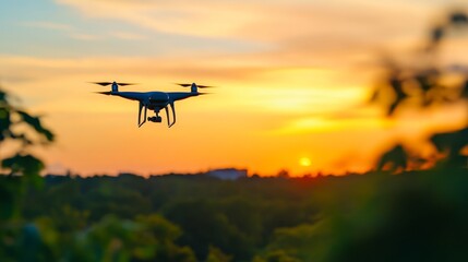 Drone Flying at Sunset Over Green Forest