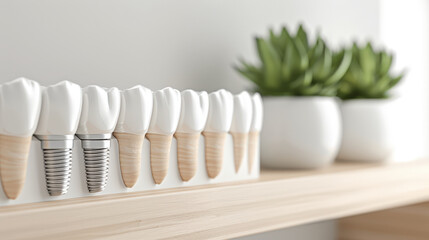 Dental implants displayed on wooden shelf with green plants in white pots, showcasing modern dental technology and aesthetics. image conveys sense of cleanliness and professionalism