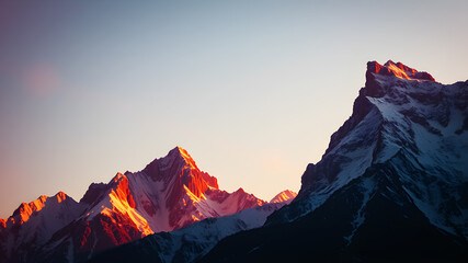 Towering mountains with snowy peaks bathed in the warm light of sunrise, casting long shadows and illuminating the sky with hues of pink, orange, and gold.