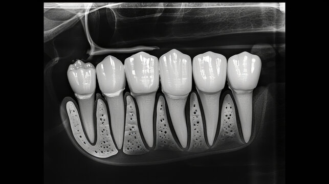close up of X ray image showing dental cavities and tooth structure, highlighting importance of dental health and care. This emphasizes need for regular dental check ups