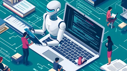 University students accessing study material on a laptop, with an AI assistant suggesting relevant research topics and questions