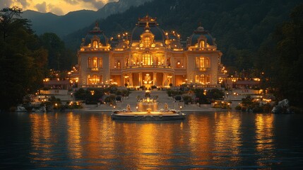Fototapeta premium A Majestic Palace Illuminated at Dusk on a Lake