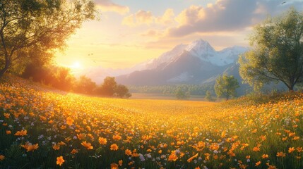 Obraz premium A vibrant sunset over a flower-filled valley and mountains.