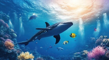 Fototapeta premium Underwater wildlife scene, capturing wild animals swimming or interacting in deep waters.