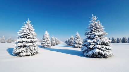 Fototapeta premium serene winter landscape featuring snow covered evergreen trees under clear blue sky. scene evokes sense of tranquility and beauty of nature in winter