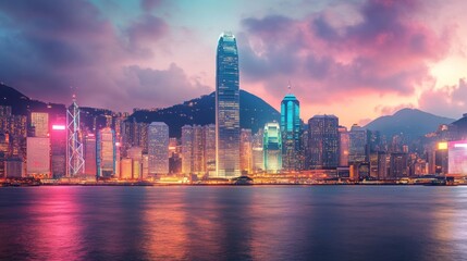 Fototapeta premium A city skyline at dusk, illuminated with vibrant lights.