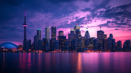 Obraz premium A city skyline at dusk, illuminated with vibrant lights.