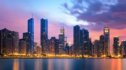 Obraz premium A city skyline at dusk, illuminated with vibrant lights.