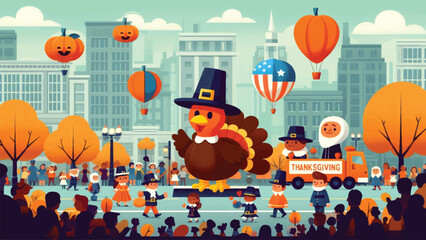 A lively Thanksgiving parade in a city with large balloons shaped like turkeys, pumpkins, and pilgrims. Floats with simple, flat-style characters in costumes move along the street 1