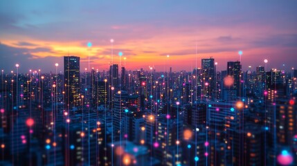 Obraz premium A city skyline at dusk, illuminated with vibrant lights.