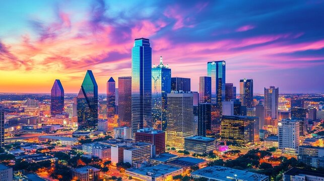 A city skyline at dusk, illuminated with vibrant lights.