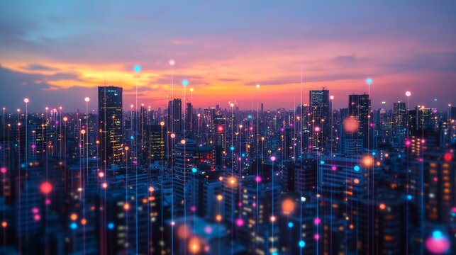 A city skyline at dusk, illuminated with vibrant lights.