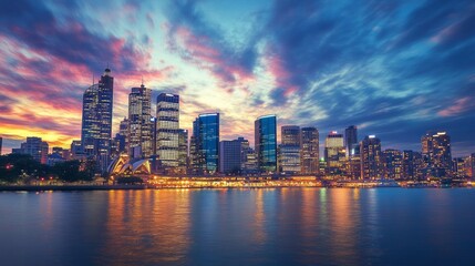 Fototapeta premium A city skyline at dusk, illuminated with vibrant lights.
