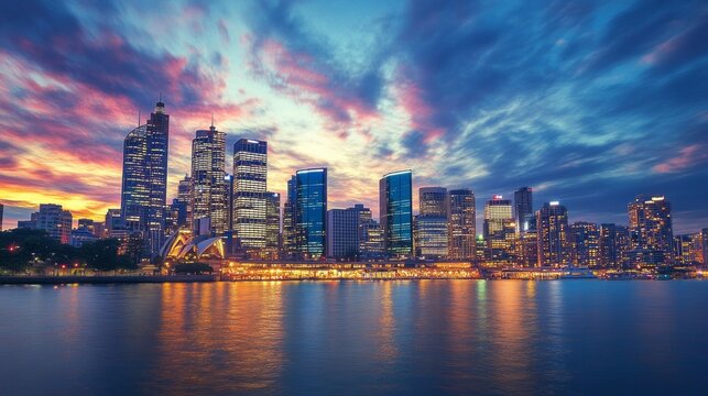 A city skyline at dusk, illuminated with vibrant lights.