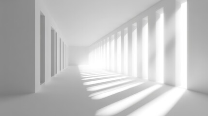Modern White Corridor with Light Streaks and Columns