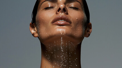 woman with wet skin, eyes closed, and water droplets cascading down her face, exuding serene and refreshing vibe
