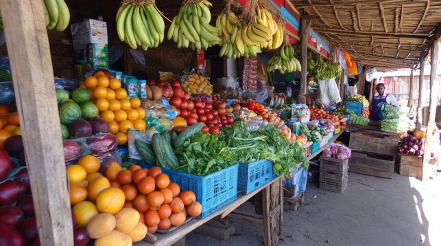 A colorful market stall filled with fresh fruits and vegetables.