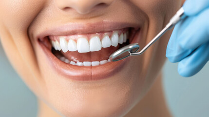 dentist is examining patients teeth with dental mirror, showcasing bright smile and healthy gums. scene conveys sense of care and professionalism in dental hygiene