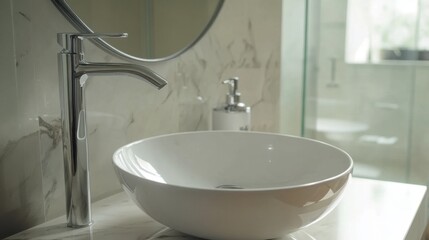 Fototapeta premium Stylish bathroom featuring transitional design, with traditional sink fixtures and sleek glass shower for a balanced aesthetic